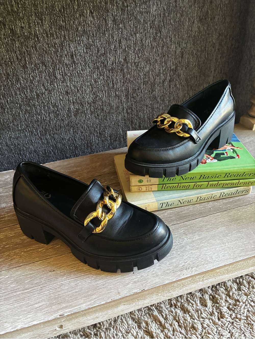 Women’s Black Chunky Loafer Mule with Gold Chain Accent